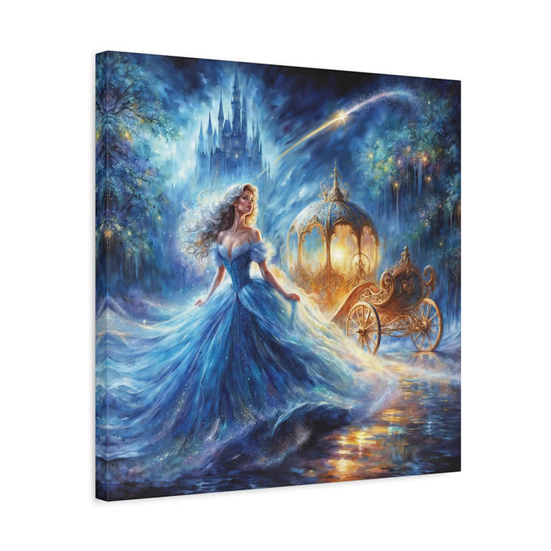 Cinderella-inspired canvas wall art with a blue dress, castle, carriage, and sparkling wand trail, shown as an example product that could be used for a Stay Playful Project fundraiser