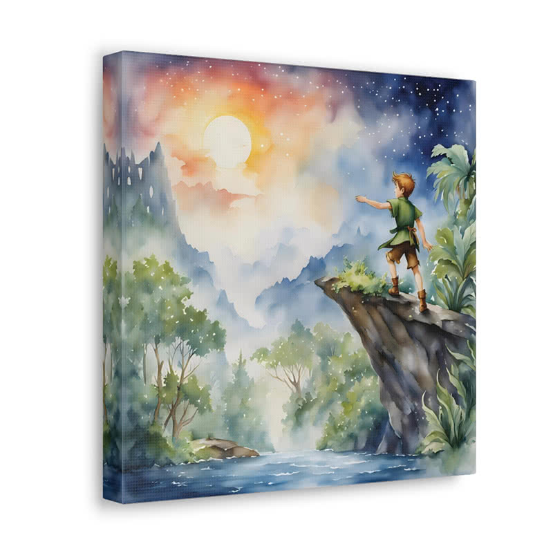 Peter Pan-inspired adventure canvas wall art with a boy in green standing on a cliff above a river and distant mountains, shown as an example product that could be used for a Stay Playful Project fundraiser