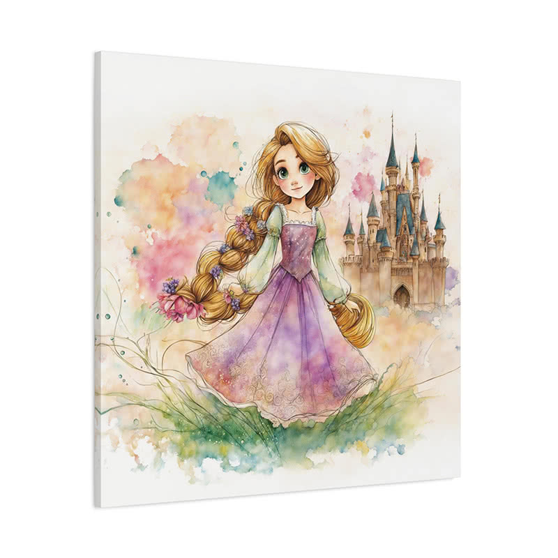 Rapunzel-inspired canvas wall art with long braided hair, watercolor flowers, and a castle, shown as an example product that could be used for a Stay Playful Project fundraiser