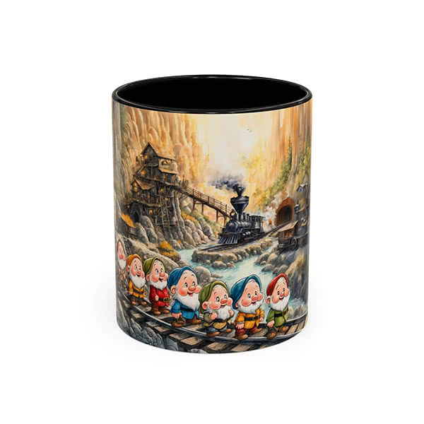 Snow White-inspired mug with cheerful dwarf characters, a train, and a mountain scene, shown as an example product that could be used for a Stay Playful Project fundraiser