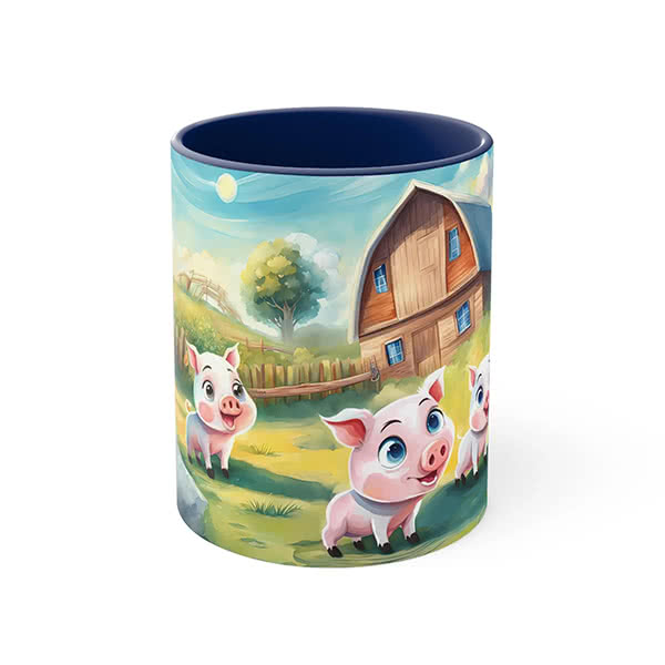 Farm animal mug with smiling pigs in front of a barn and countryside scene, shown as an example product that could be used for a Stay Playful Project fundraiser