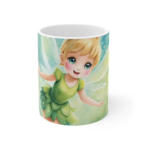 Tinker Bell-inspired fairy mug with a smiling childlike fairy character in green, shown as an example product that could be used for a Stay Playful Project fundraiser