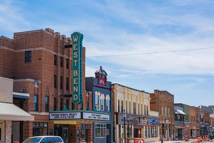 Downtown West Bend, Wisconsin with the West Bend Theatre sign
